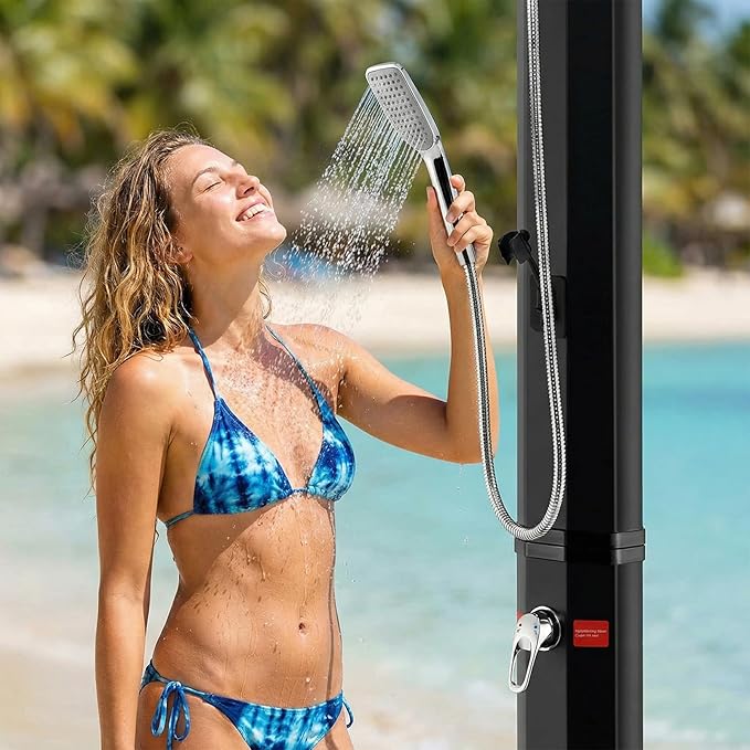TLSUNNY 16 Gallon Solar Heated Shower 7.5FT Height Outdoor PVC Freestanding Shower W/360 Rotating Rainfall Handheld Head Temperature Adjustment &amp Foot Faucet for Pool Backyard Beach (16 gal)