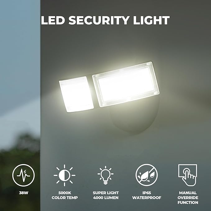 LED Flood Lights Outdoor 38W 4000LM 5000K Daylight IP65 Waterproof Security Lights with 2 Adjustable Heads Exterior Wall Light for House Garage Yard (Black)