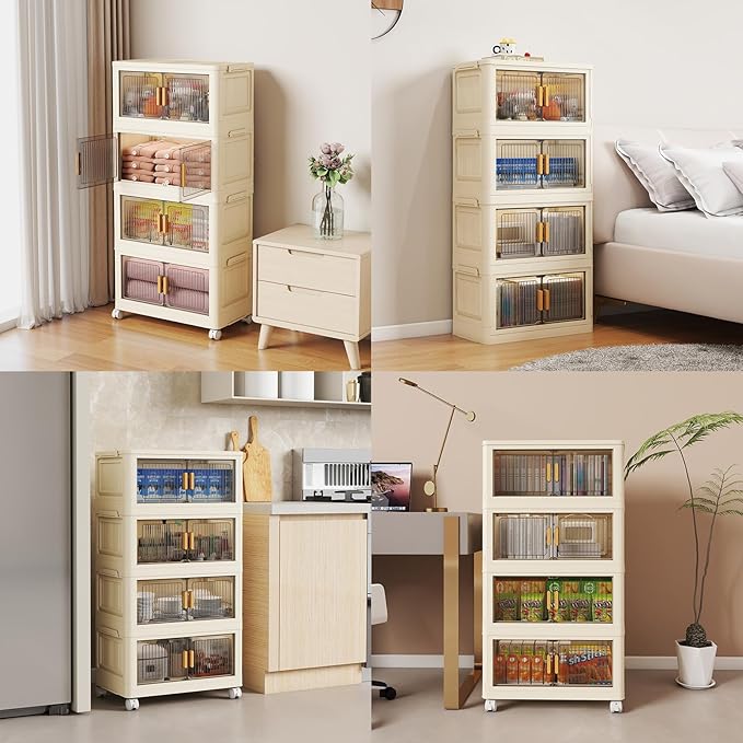 4 Tier Stackable Plastic Storage Bins with Lids 48QT Collapsible Closet Organizers and Storage with Wheels for Living RoomOfficeDorm