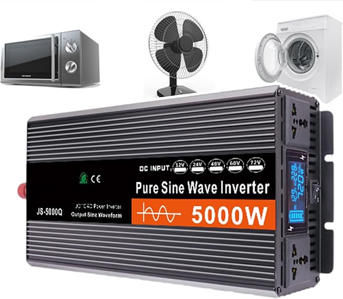 5000W Pure Sine Wave Power Inverter DC 12V/24V to AC 120V Converter for RV Solar Truck &amp Home with LCD Display &amp Dual Cooling Fans – Off-Grid Power for Refrigerator Tools 24v-5000w