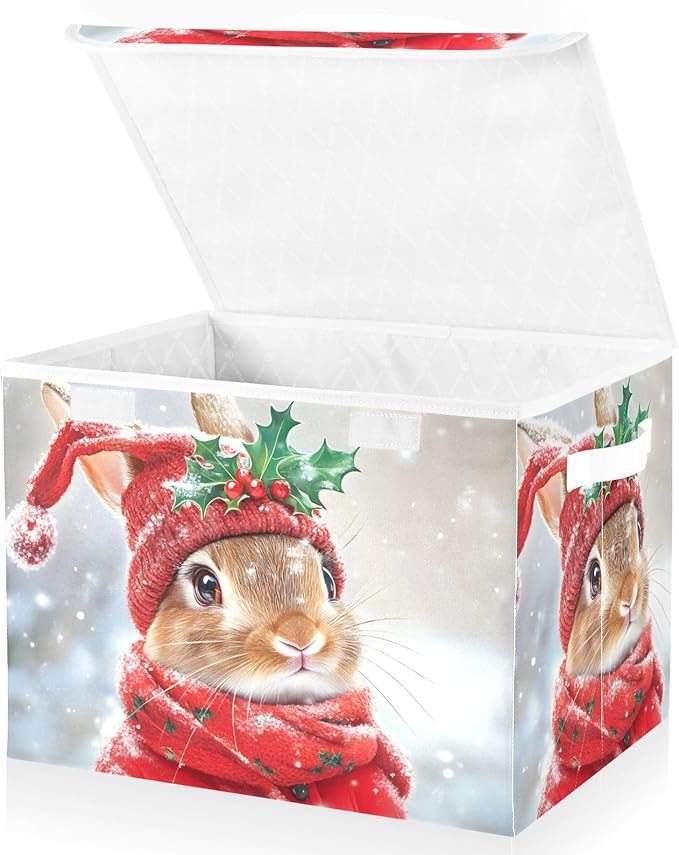 AIXIWAWA Lidded Storage Cube (Bunny Christmas) Fabric Foldable Closet Bins with Flip Lid and Handles Organizer Basket Container 16.5 x 12.6 x 11.8 IN