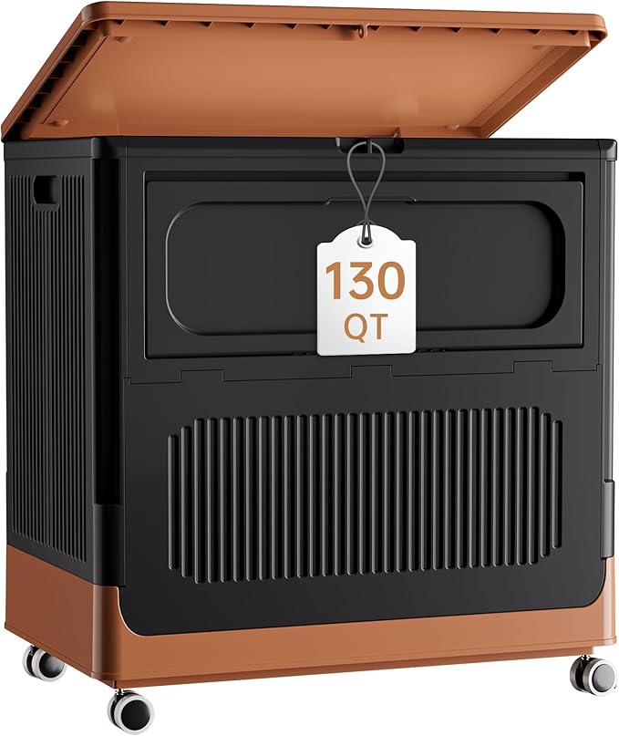 HAIXIN Large Storage Bin with Lid - 130QT Flip-top Storage Container with Wheels 32.5 Gallon Storage Chest Stackable Retro-style Organizer for Closet Bedroom Dorm Black and Brown