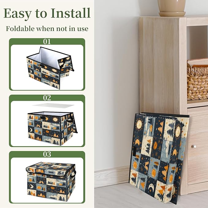 Rustic Trees Storage Basket with Lid Sun Moon Foldable Storage Box Fabric Storage Bins with Carrying Handles for Home Bedroom Closet Organization