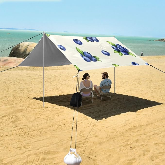 xigua Blue Berry Beach Tent Sun Shelter with Carrying Bag - Silver Coated Oxford Fabric Beach Canopy for Beach Camping Fishing - Includes Windproof Ropes Sandbags &amp Stakes