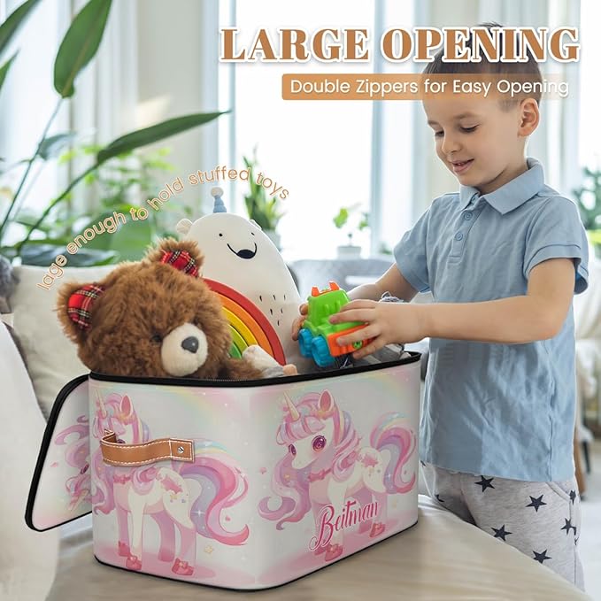 Storage-Bins with Lids Handle Customized Stackable-Storage-Bin for Kids-Boys-Girls-Toys Cube Collapsibl Basket Unicorn Stars