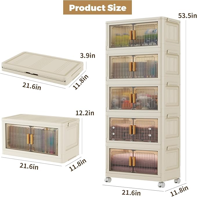 5 Tier Stackable Plastic Storage Bins with Lids 48QT Collapsible Closet Organizers and Storage with Wheels for Living RoomOfficeDorm