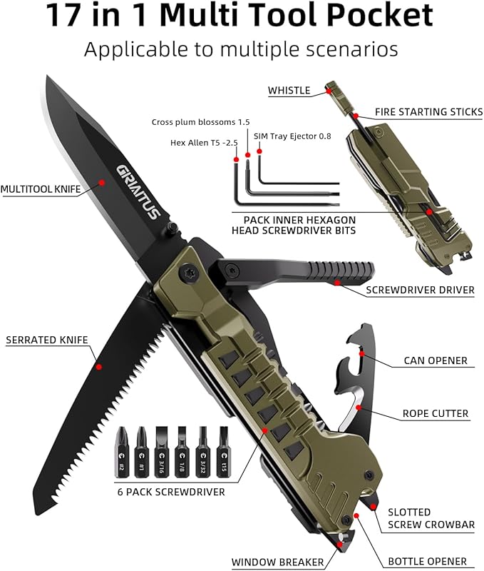 Multitool Knife 17 in 1 Pocket Knife with Screwdriver Fire Starter Sticks Bottle Opener Saw Whistle Nylon Sheath EDC Gear for Survival Camping Hiking Outdoor Gifts for Dad - Desert Gray