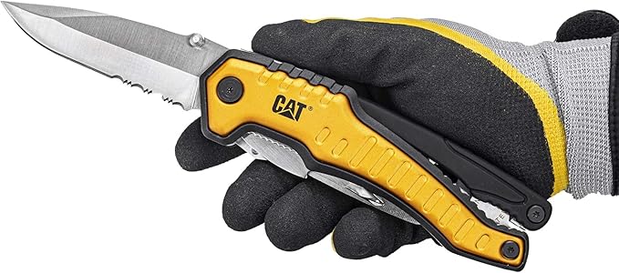 Caterpillar Multi Function Tool 9-in-1 X-Large Long Nose Pliers Wire Cutter Knife Bottle Opener Screwdriver Saw Blade with Pouch - Yellow 980045