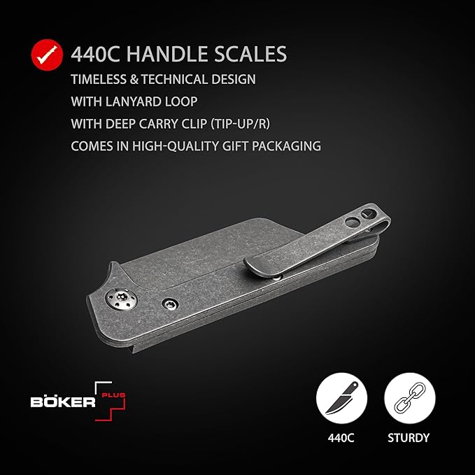 BÖKER PLUS Fragment Minimalist EDC Pocket Knife Lanyard Hole Finger Guard Deep Carry Clip 9Cr13CoMoV Sheepfoot Blade (Stonewashed)