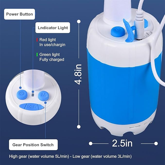 Portable Camping Shower with Rechargeable Pump – Adjustable Water Flow Built-in Cleaning Brush 60 Min Battery Life USB Charging Lightweight &amp Compact for Camping Hiking Beach &amp Pet Bathi