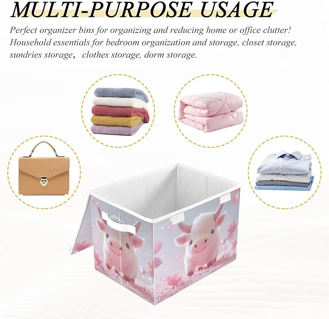 AIXIWAWA Lidded Storage Cube (Cute Cow) Fabric Foldable Closet Bins with Flip Lid and Handles Organizer Basket Container 16.5 x 12.6 x 11.8 IN