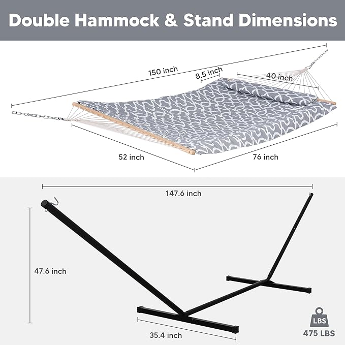 SUNCREAT Outdoor Double Hammock with Stand Two Person Cotton Rope Hammock with Polyester Pad Circle Pattern
