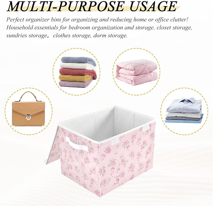 ALAZA Pink Small Floral Storage Bins Organizer Box Baskets Lidded Clothes for Shelves Closet Collapsible Stackable Storage Cubes Handles