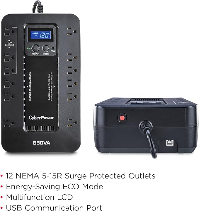CyberPower EC850LCD Ecologic UPS Battery Backup and Surge Protector 850VA/510W 12 Outlets ECO Mode Compact UL Certified