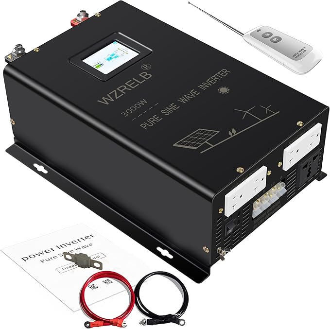 WZRELB 3000W 24V Pure Sine Wave Inverter 24V DC to 120V/240V Split Phase Power Inverter 6KW Surge 5 AC Outlets AC Hardwire Terminal High Efficiency up to 91.6% Wireless Remote
