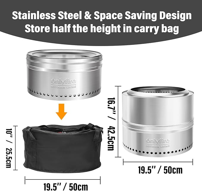 ONLYFIRE OUTDOOR LIVING Wood Burning Fire Pit with Carrying Bag 19.5” Detachable Portable Firepit for Camping Tailgating Patio Backyard Bonfire Smokeless Fireplace Stainless Steel FP036
