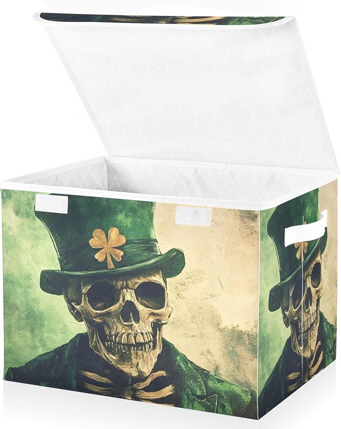 Storage Cube with Lid Skeleton Saint Patrick’s Day Print 16.5×12.6×11.8 IN Collapsible Large Capacity Foldable Storage Basket Bin Organizer