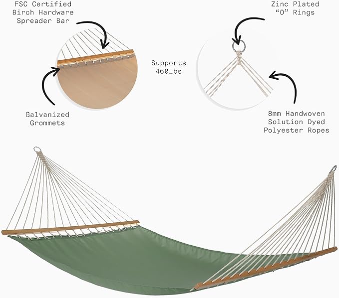Fab Habitat Solid Recycled Polyester Hammock - Fargo - Green - Indoor/Outdoor Quick Dry 2 Person 460 lbs Capacity - Patio Poolside Backyard Garden Beach Balcony - 12-14 ft Adjustable