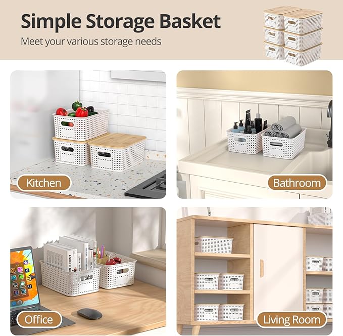 Plastic Storage Baskets with Bamboo Lids Stackable Small Box Bins for Organizing and Containers for Shelves Drawers Desktop Closet Pantry Classroom Office Home 6 Pack 10.2x7.2x4.1 Inch White