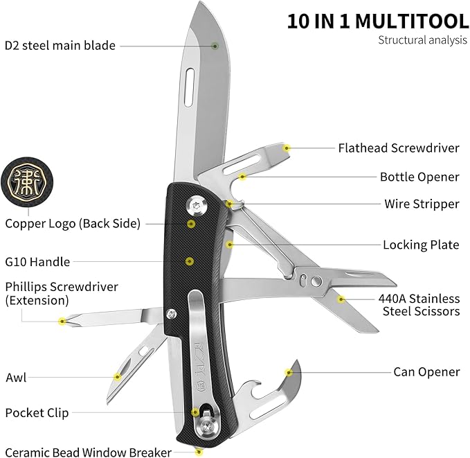 9-in-1 Multitool D2 Steel 440A Stainless steel Scissors Automobile safety hammer Screwdrivers Wire Stripper G10 Handle Camping EDC Home Repair Tool Gift for Men