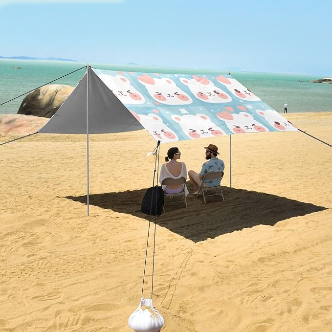 Cute Alpaca Face Beach Tent UPF50+ Protection Water-Resistant Sun Shelter Includes Sand Shovel Sandbags Stability Poles for Family Trips Picnics &amp Camping