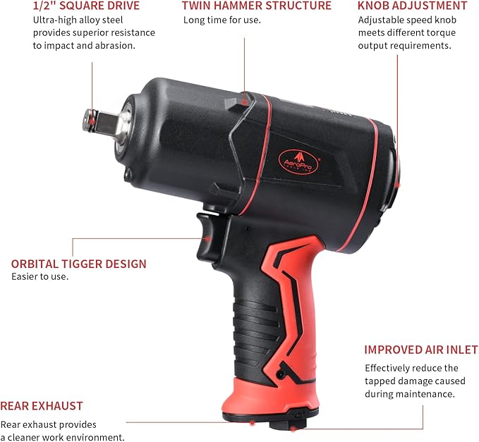 AEROPRO TOOLS 1/2-Inch Composite Air Impact Wrench(A315) Twin Hammer 1380FT-LBS Max Loosening Torque 8000RPM Pneumatic Impact Gun for Auto Repair Tire Shop (Lightweight Housing)