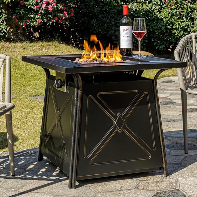 OutVue 28 inch Propane Fire Pit TableGas Fire Pits Table for Outside50000 BTU Propane Firepit with Lid &ampLava RocksGas Firepit for GardenYard (Black)