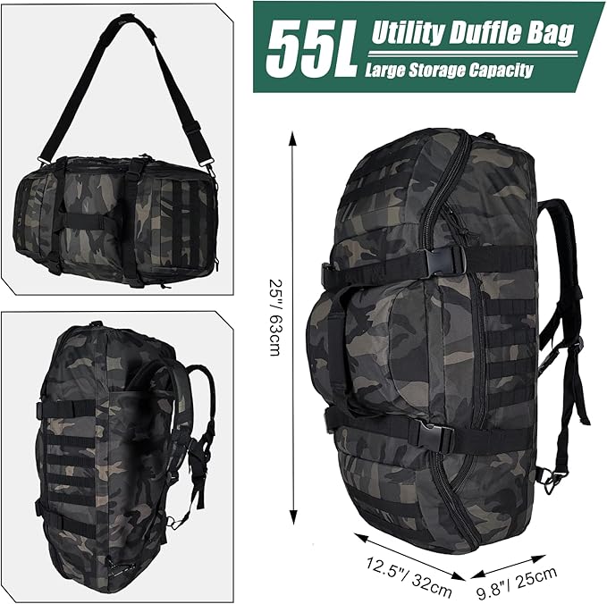 Hannibal Tactical 55L Large Duffle Bag 3-in-1 Tactical Backpack MOLLE Pack for Gym Sports Outdoor Black Camo