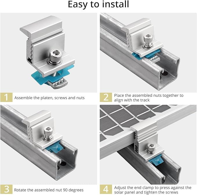Anbte 10pcs Adjustable Solar Panel End Clamp for Unistrut 30-50mm Aluminum Solar Panel Mounting Brackets with Nuts Bolts and Wrench for Metal Roof Tin Roof Flat Roof Sheet Roof RV Silver