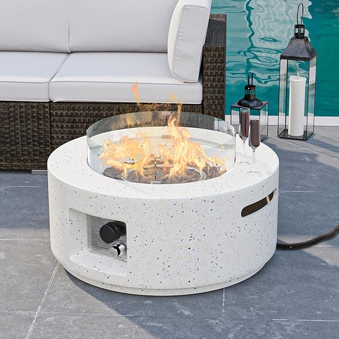 HOMPUS Outdoor Propane Fire Pit 40000 BTU 28-inch Round White Terrazzo Concrete Fire Table Gas Fire Pit with Wind Guard Lava Rocks and Rain Cover for Outdoor Pool Deck or Backyard