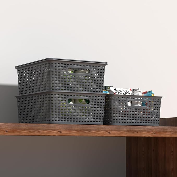Zopnny 6-Pack Plastic Lidded Storage Shelf Basket Stackable Organizer Baskets with Lid for Desktop Pantry Closet Office (Grey)