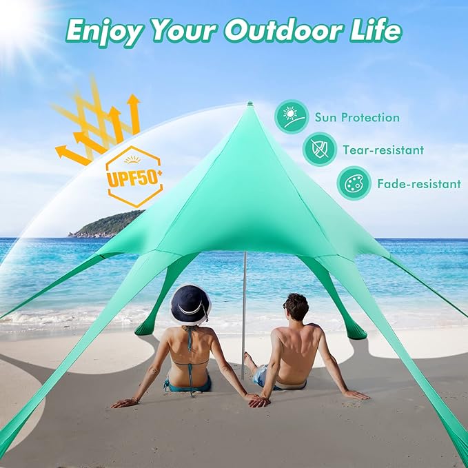 HAPPYGRILL Beach Canopy Sun Shelter with Aluminum Pole 20 FT x 20 FT UPF 50+ Pop Up Tent with Sandbag Tent Pegs Sand Shovel Carry Bag Portable Outdoor Sunshade for Camping Sport Events Picnic