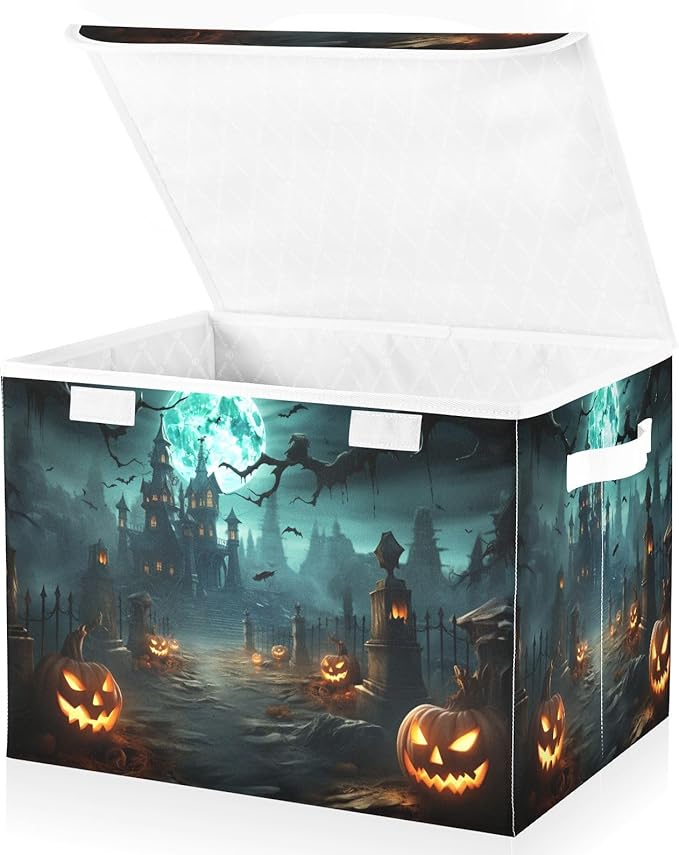 YETTASBIN Halloween Pumpkin Storage Basket with Lid and Handles Large Collapsible Fabric Storage Bins Sturdy Storage Organizer for Shelves Closet Bedroom School Office Home Decor