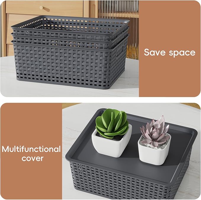 13 Quart Flat Storage Baskets with Lids Stackable Plastic Weave Organizing Basket Bin 6 Packs