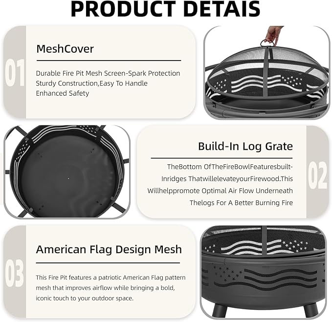 Breezz 32 Inch American Flag Fire Pit with Mesh Cover &amp Poker Round Metal Wood Burning Outdoor Firepit for Patio Garden Backyard Bonfire Ideal for 4th of July Memorial Day Christmas