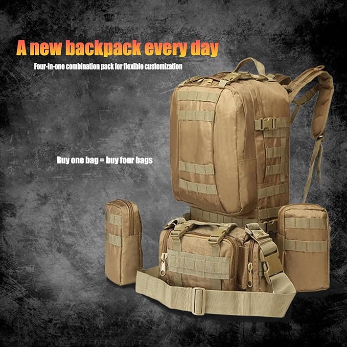 55L Tactical Backpack with Waterproof Ventilated Built Up 3 MOLLE Bags Anti Pressure Rucksacks for Travelling(Black)