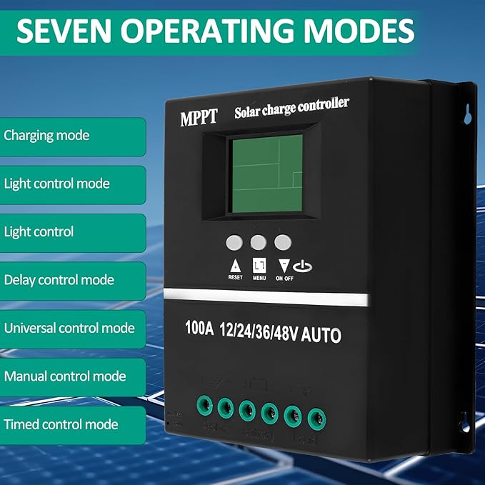 50A-100A Solar Charge Controller 100A MPPT LCD Display Solar Battery Regulator 12/24/36/48V Intelligent Solar Panel Regulator with Double USB Charging Port 7 Modes for Charging