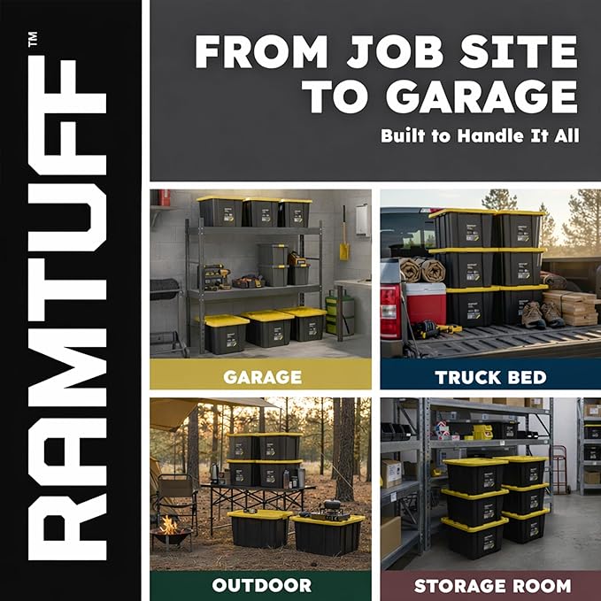 Ramtuff 6 Pack Heavy Duty Stackable Storage Container Snap-Tight Lid 27 Gallon and ORGANIZE-IT! 4 Pack 6 Slot Tote Dividers for Storage Containers