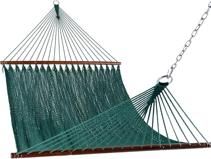 Lazy Daze Hammocks 10.5 FT Double 2 Person Caribbean Rope Hammock Hand Woven Polyester Hammock with Spreader Bars for Outside Outdoor Backyard Patio Poolside 450 LBS Capacity Green