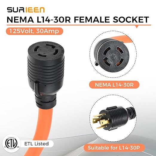 NEMA 14-50P to L14-30R Generator Welder Adapter Plug Cord 1.5FT 50 Amp to 30 Amp 4 Prong Locking Generator Transfer Switch Adapter 125/250V STW 10AWG ETL Listed
