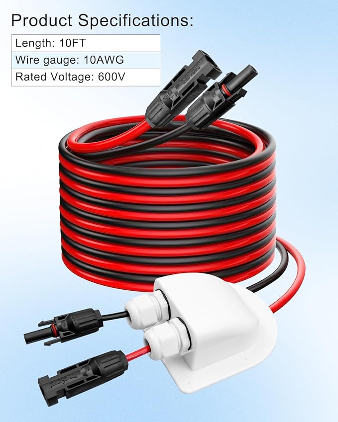 TIKSCIENCE Solar Extension Cable Weatherproof Entry Gland Junction Box with Female and Male Connector Adapter 10Ft 10AWG Solar Panel Cable Connector for RV Boat Van Solar Panels Camper