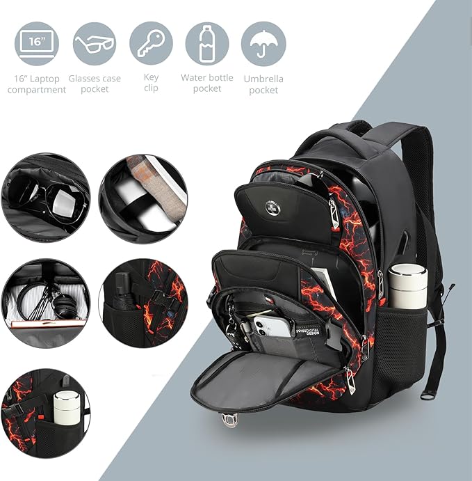 Swissdigital Laptop Backpack with USB Charging Port Travel Backpack Fits 15.6 inches Computer 31L Backpack for Men Flame Red | SD803-97