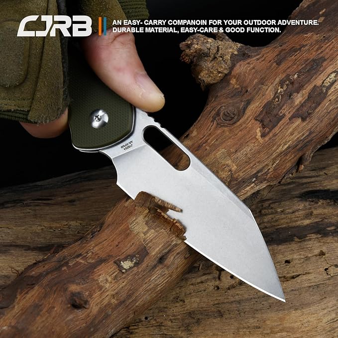 CJRB Pyrite-Alt (J1925A) Folding Pocket Knife 3.11 Stonewash AR-RPM9 Steel Blade Green G10 Handle Manual Thumb Hole Open Button Lock EDC Knife for Outdoor Hiking