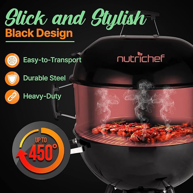 NutriChef Portable Outdoor Charcoal BBQ Grill Barbecue Grills Perfect for Picnic Backyard Patio Camping Offset Smoker with Cover