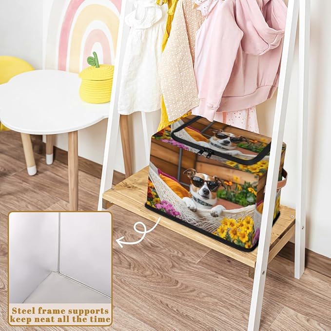 Cute Dog Storage Box with Lid Hawaiian Flower Collapsible Storage Bins Baskets Cubes Closet Shelf Clothes Organizer Containers with PU Leather Handles