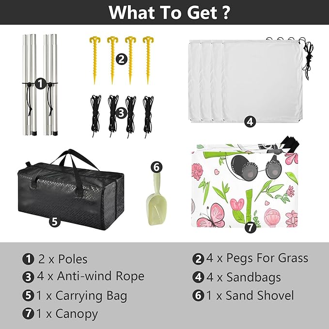 Panda Beach Canopy Sun Shelter with Sandbags &amp Sand Shovel &amp Windproof Ropes - Portable 110x126 Beach Shade Beach Tent for Camping Picnics