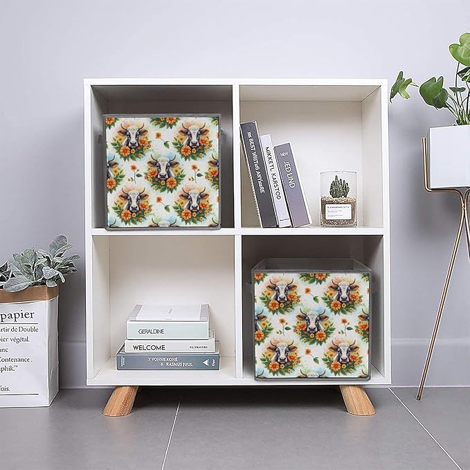 Collapsible Storage Bins with Handles Cute Highland Cow Foldable Cube Organizer Box for Closet Shelf Toy Storage Space-Saving Home &amp Office Decor