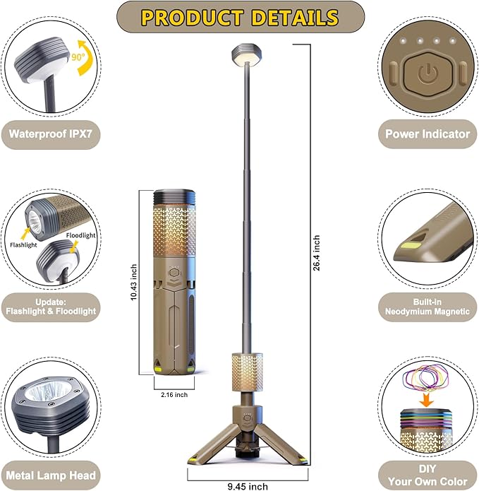 Camping-Lights-RechargeableOutdoor Telescopic-Collapsible-Lanterns with 2 Light Sources Mobile Lighting 10500mAh Battery Flash Light &amp Road Lamp for Adventure/Hiking/Camping/Live Streaming(Khaki)