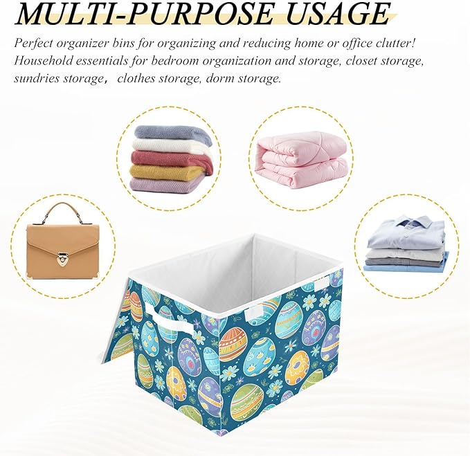 Christmas Storage Baskets with Lids Blue Eggs Collapsible Bins Stackable Fabric Linen Baskets Closet Organizer Container 16.5x12.6x11.8