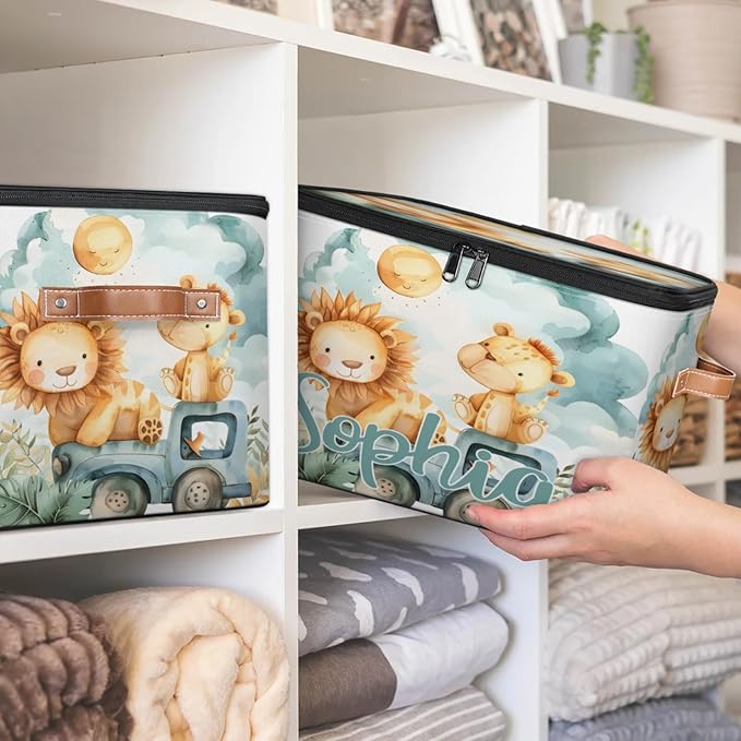 Custom Storage Basket with Name Personalized Storage Bins with Zipper Lid Foldable Fabric Storage Box Large capacity with Handle Lion Car